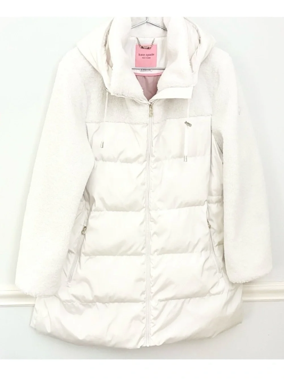KATE SPADE Mixed Media Sherpa and Down Coat, French Cream